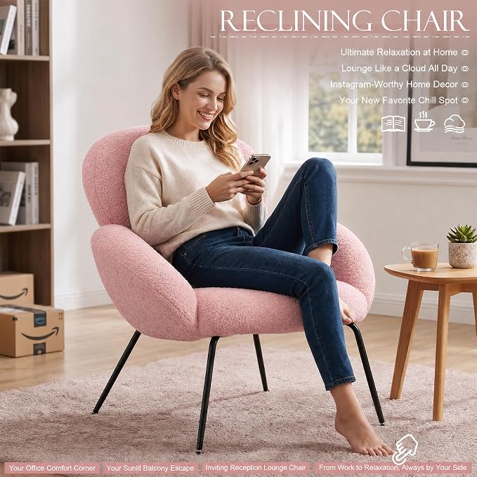Small Accent Chair Set of 2,Sherpa Chair with Love Back, Boucle Chairs with Metal Legs, Comfy Modern Reading Chairs/Sherpa Accent Chair with Thick High-Elastic Sponge/Cream Style Room (Pink)
