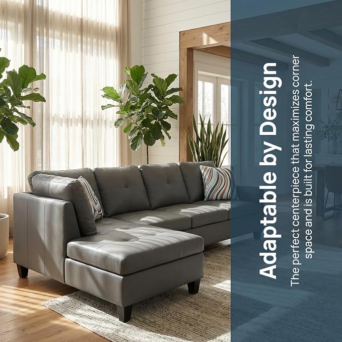 L-Shaped Sectional Sofa, Modern 4-Seat Couch with Left Facing Chaise, Leather Sectional Couch for Living Room, Apartment, Office, Dark Grey