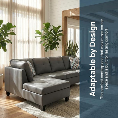 L-Shaped Sectional Sofa, Modern 4-Seat Couch with Left Facing Chaise, Leather Sectional Couch for Living Room, Apartment, Office, Dark Grey