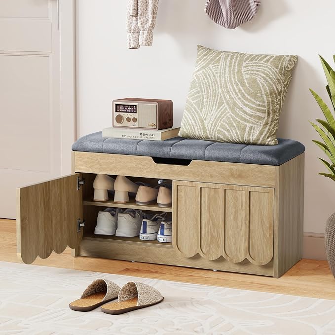 ORRD Shoe Storage Bench with Cushion, Entryway Shoe Cabinet Bench with 2 Scalloped Doors & Adjustable Shelf, 2-Tier Shoe Rack Organizer Cabine for Entryway, Hallway, Living Room (Natural)