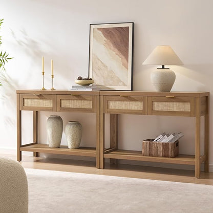SICOTAS Console Table Set of 2 - Boho Entryway Table with Rattan Drawers, Rattan Console Table with 2 Tier Shelf, Narrow Long Sofa Tables for Living Room, Entry Table for Hallway, Foyer