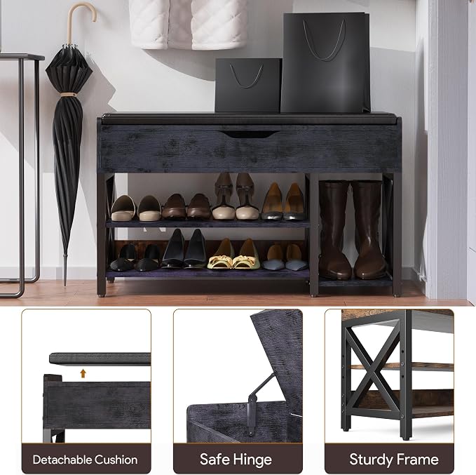 Shoe Bench, Lift Top Shoe Storage Bench, Adjustable Shelf Entryway Bench with Padded Cushion for Entry, Closet, Living Room, Hallway, 2-Tier Shoe Rack Organizer(Black, 35.5“W)