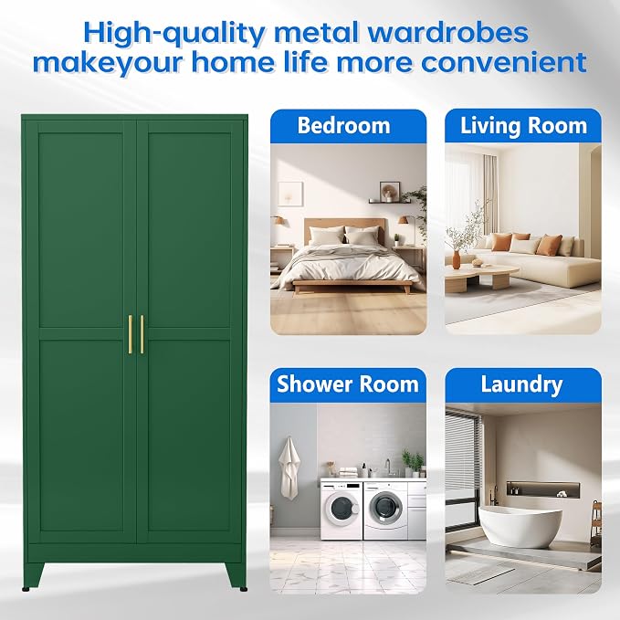 PAOFIN 71" Metal Armoire Wardrobe Closet, Bedroom Clothing Storage Cabinet with Hanging Rod, Freestanding Armoire Cabinet with Adjustable Shelves, Green