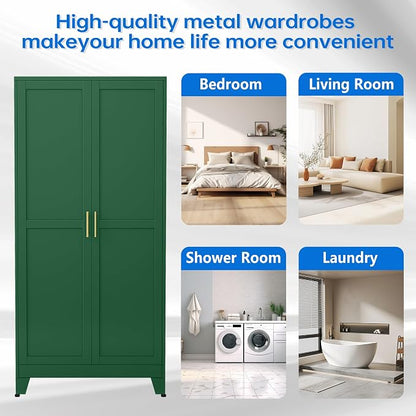 PAOFIN 71" Metal Armoire Wardrobe Closet, Bedroom Clothing Storage Cabinet with Hanging Rod, Freestanding Armoire Cabinet with Adjustable Shelves, Green