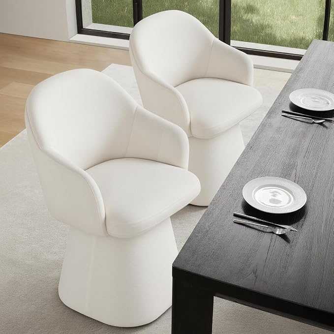 KISLOT Swivel Dining Chairs Set of 1, Upholstered Modern Barrel Dining Chairs with 360° Swivel Base, Chenille Velvet Fabric Accent Kitchen Chairs with Arms, Padded Dining Room Chairs, Cream