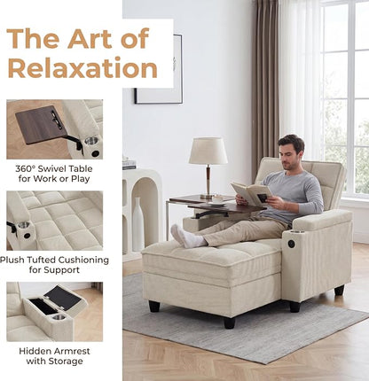 Convertible Sleeper Chair, Pull Out Sofa Bed with Adjustable Backrest & Hidden Storage Armrest, Single Sofa Recliner with USB Charging Port & Cup Holders for Living Room, Bedroom, Beige
