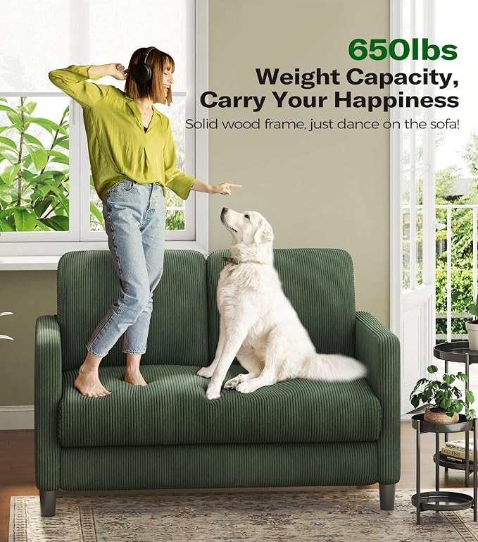 Welzona Loveseat Sofa, 51" Love Seat, Comfy Corduroy Small Loveseat for Small Spaces, Tool-Free Setup Couch for Bedroom, All-Wood Couches for Living Room, Green