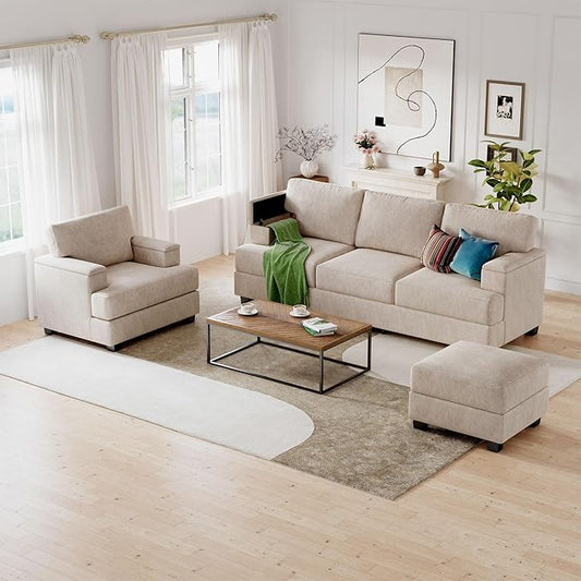 85'' L Shaped Couch with Armrest Organizer,Comfy 3 Seats Sofa with Thick Cushion,Chenille Sectional Couches for Living Room,Bedroom,Apartment,Sofa Set with Oversized Chair,Home Furniture,Khaki