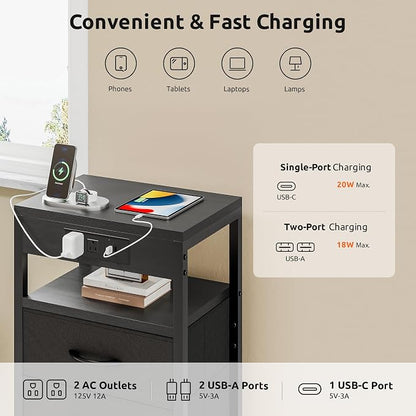 Lazzanto NightStand Bedside Charging Table Bedroom - Night Stand with Charger Station, Black Modern Bed Side End Table with Open Shelf & 3 Fabric Drawers, USB-C Port for Dorm, Living Room