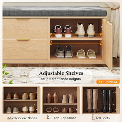 59" Storage Bench with Cushion and Flip Drawer, 2-Tier Entryway Bench with Storage, Shoe Bench with Cabinet, 2 Storage Drawer, Adjustable Shelf, for Entryway, Bedroom, Living Room, Natural