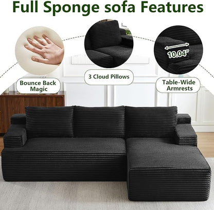 96" Modular Sectional Sofa, Modern Corduroy Cloud Couch with Side Pockets, Boneless Couch Upholstered 3-Seater L-Shaped Sofa for Living Room, No Assembly Required (Black, Right-Facing Chaise)