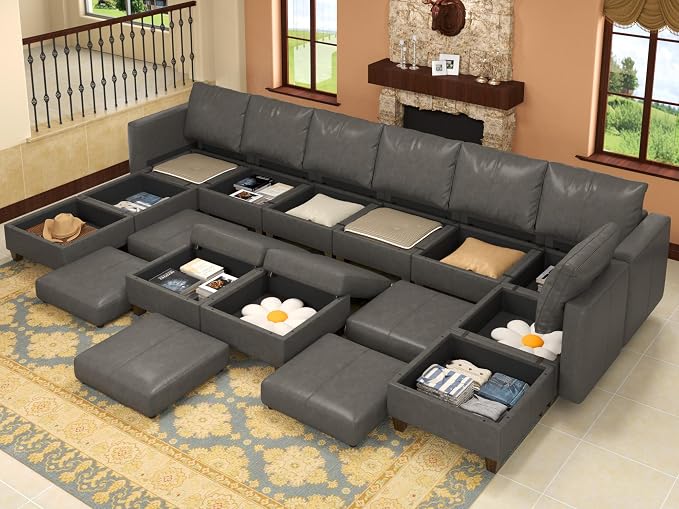EASE MOOSE Oversized Sectional Sofa Modular Couch with Reversible Chaises, Faux Leather U Shaped Sectional Couch with Storage Convertible Sleeper Sofa
