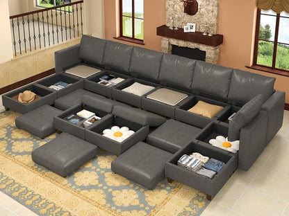 EASE MOOSE Oversized Sectional Sofa Modular Couch with Reversible Chaises, Faux Leather U Shaped Sectional Couch with Storage Convertible Sleeper Sofa