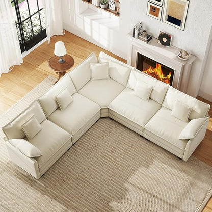 WorthFurni 114” Oversized Modular Sectional Sofa, 5-Seater V Shaped Cloud Couch Set, Comfy Chenille Deep Seat Sofa with 5 Throw Pillows, DIY Combination for Living Room (Beige)