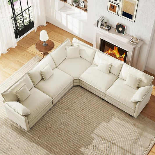 WorthFurni 114” Oversized Modular Sectional Sofa, 5-Seater V Shaped Cloud Couch Set, Comfy Chenille Deep Seat Sofa with 5 Throw Pillows, DIY Combination for Living Room (Beige)
