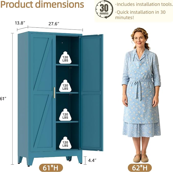 61”H Metal Kitchen Pantry Cabinet, Pantry Cabinets with 2 Doors and 3 Shelves, Kitchen Cabinet for Kitchen, Dining Room, Living Room and Bathroom, Blue