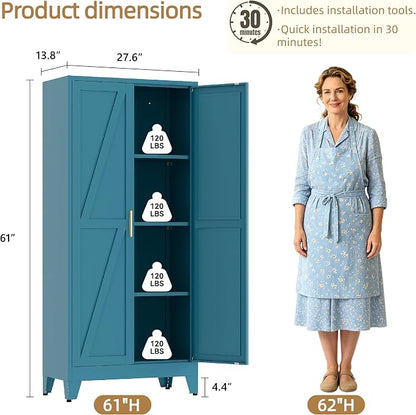 61”H Metal Kitchen Pantry Cabinet, Pantry Cabinets with 2 Doors and 3 Shelves, Kitchen Cabinet for Kitchen, Dining Room, Living Room and Bathroom, Blue