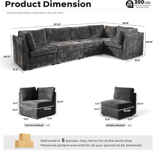 ovios Modular Sectional Sofa Couch with V-Shape Chaise Convertible, Comfy Plush Corduroy Cloud Couches, Modern Luxury Deep Seat Sofas Set for Living Room, 5-Seater, Grey
