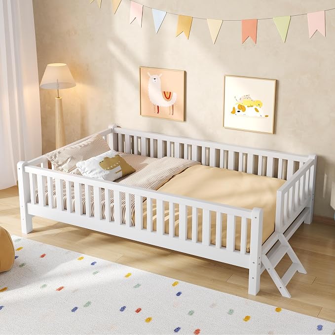 Merax Wood Twin Size Platform Bed with Guardrail, Kids Bed Frame with Stairs, White