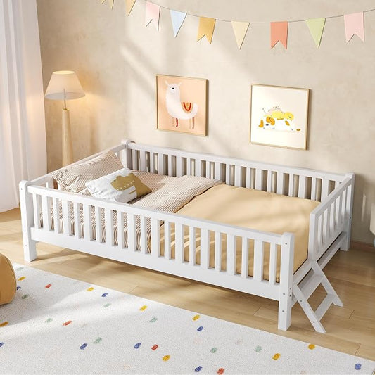 Merax Wood Twin Size Platform Bed with Guardrail, Kids Bed Frame with Stairs, White