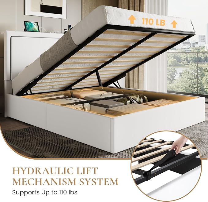 SHA CERLIN Queen Size Hydraulic Lift-Up Storage Platform Bed Frame with Charging Station, RGB LED Lights, Adjustable Velvet Headboard, USB-A and USB-C Ports, No Box Spring Needed, White
