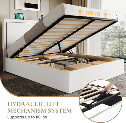 SHA CERLIN Queen Size Hydraulic Lift-Up Storage Platform Bed Frame with Charging Station, RGB LED Lights, Adjustable Velvet Headboard, USB-A and USB-C Ports, No Box Spring Needed, White
