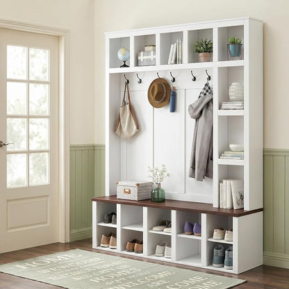 Hall Tree with Bench and Shoe Storage,Shoe and Coat Rack with Drawer and Hooks,Farmhouse Furniture for Entryway,Mudroom,Living Room,Black (White, 59.2")