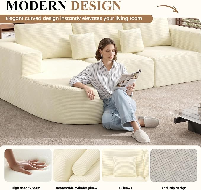 Modular Sectional Sofa Bed,Convertible Cloud Couches for Living Room,2 Chaise Corduroy Boneless Couch Sleeper Sofa Set,Oversized Chaise Lounge Chair for Bedroom,No Assembly Required,Beige 1PCS
