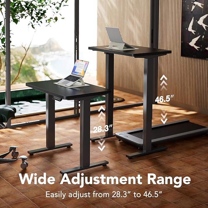 HUANUO 32x19 Inch Small Electric Standing Desk, Adjustable, Black | Compact Home Office Desk, 176lbs Heavy Duty Lifting with 4 Height Presets. M8 Screw Holes Ready for DIY Mobile Wheels