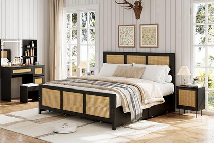 IDEALHOUSE Rattan Bed Frame with Storage Drawers, Boho King Size Led Bed Frame with Strong Metal Slats Support, No Box Spring Needed, Noise-Free Design, Black