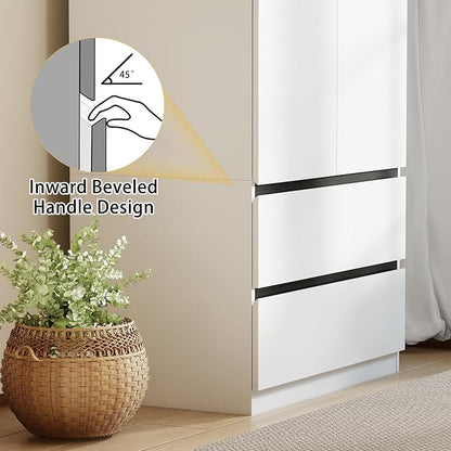 White Wardrobe Closet with Doors: 75" Large Capacity Bedroom Armoire, Wooden Cabinet with 6 Drawers, Hanging Storage Shelves with Hanging Rod (Contemporary, 3)