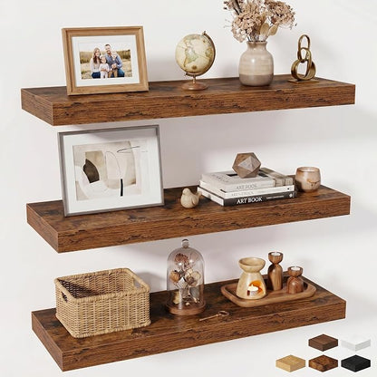 Fun Memories Floating Shelves for Wall, 30 Inch Long Floating Shelves Set of 3, 30 x 10 Wooden Shelves for Wall, Large Storage Shelves, Hanging Shelves for Bathroom Kitchen Bedroom, Rustic Brown