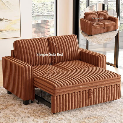 Belffin Corduroy Sectional Sleeper Sofa with Pull Out Bed Modular Sectional Loveseat Sofa Bed for Living Room Brick Red Couch
