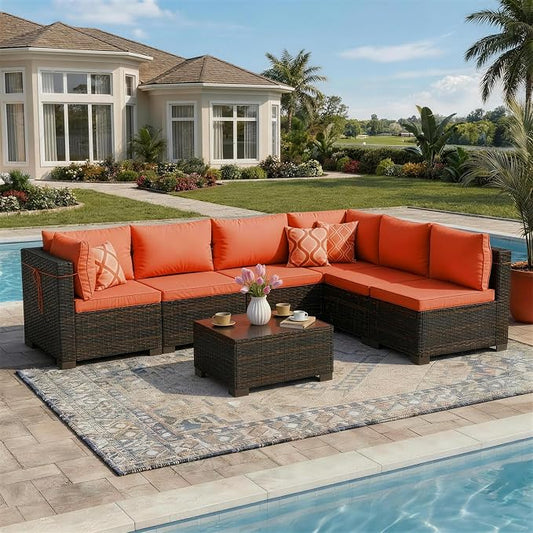 LAFWELL 7 Pieces Outdoor Patio Furniture Sets,Rattan Conversation Sectional Set,Manual Weaving Wicker Patio Sofa with Tea Table