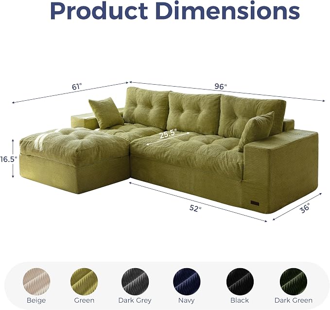 MAXYOYO 96" L Shaped Modular Sectional Sofa with Ottoman, Cloud Boneless Couch with Layered Cushion, Upholstered Sofa in a Box, Flexible Module Combination for Living Room, No Assembly, Green