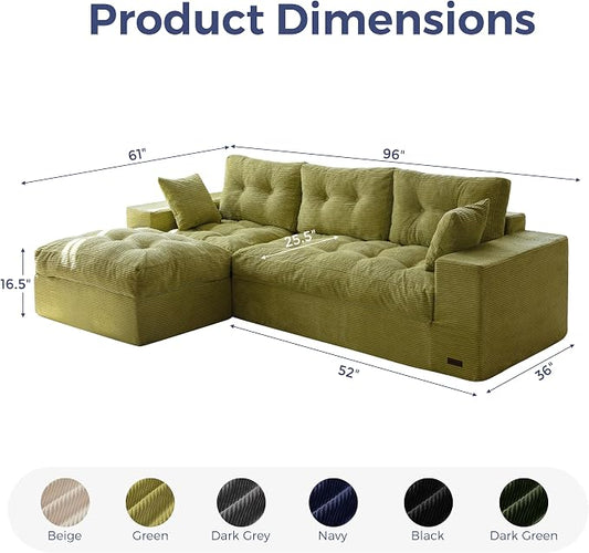MAXYOYO 96" L Shaped Modular Sectional Sofa with Ottoman, Cloud Boneless Couch with Layered Cushion, Upholstered Sofa in a Box, Flexible Module Combination for Living Room, No Assembly, Green