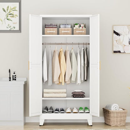 PAOFIN 71" Metal Armoire Wardrobe Closet, Bedroom Clothing Storage Cabinet with Hanging Rod, Freestanding White Armoire Cabinet with Adjustable Shelves