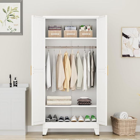 PAOFIN 71" Metal Armoire Wardrobe Closet, Bedroom Clothing Storage Cabinet with Hanging Rod, Freestanding White Armoire Cabinet with Adjustable Shelves