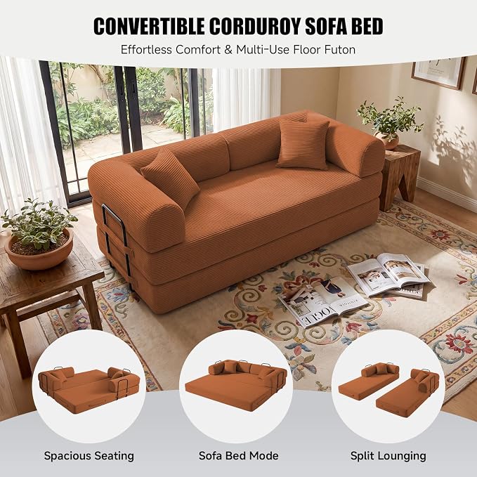 79" Convertible Sleeper Sofa Bed, Corduroy Boneless Fold-Out Couch in a Box, 4-in-1 Loveseat/Futon Couch, High-Density Foam, No Assembly, Side Pockets, 2 Pillows for Small Spaces, Orange