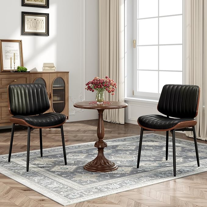 MALOL Leather Dining Chairs Set of 2, Modern Upholstered Dining Room Kitchen Chairs with Metal Legs and Wooden Back Support for Home Dining Room/Restaurant, Black