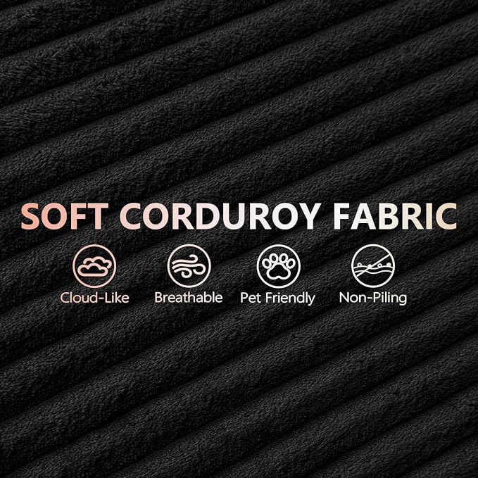 95" Cloud Sectional Couch U-Shaped Chaise with Ottoman, Corduroy Boneless Couch for Living Room Bedroom, Deep-Seat Upholstered Modular Cloud Sofa, No Assembly Required (Black, Right Facing Chaise)