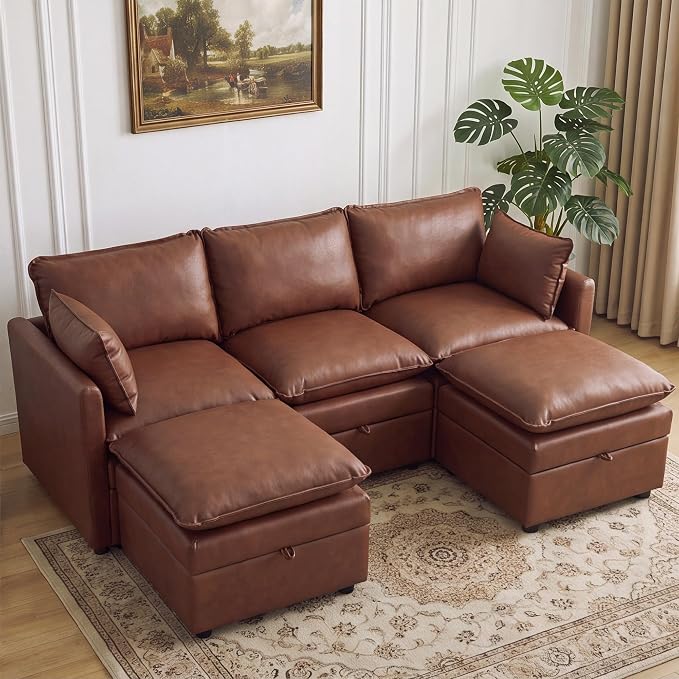 80" Brown Faux Leather Storage 3 Seater Sofa with 2 Ottomans, Comfy Couch | Convertible Modular Sectional Sofa, U Shaped Oversized Couch, Upholstered Large Cloud Couch For Living Room, Apartment.