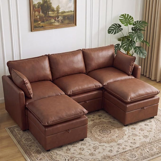 80" Brown Faux Leather Storage 3 Seater Sofa with 2 Ottomans, Comfy Couch | Convertible Modular Sectional Sofa, U Shaped Oversized Couch, Upholstered Large Cloud Couch For Living Room, Apartment.