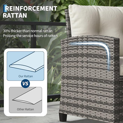 GarveeLife 3 Pieces Patio Furniture Set, PE Rattan Patio Conversation Set with Tempered Glass Tabletop, Outdoor Wicker Chairs and Table Set for Patio Balcony Garden, Grey and Beige