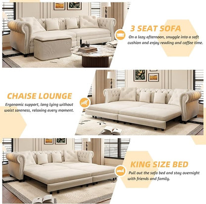89" Velvet Pull Out Couch Bed - 3-in-1 Convertible Sleeper Sofa with Ottoman, Button Tufted Chesterfield Sofa, King Size Pull Out Sofa Bed, Space Saving for Small Spaces Apartments, Living Room,Beige | 3-in-1 Convertible