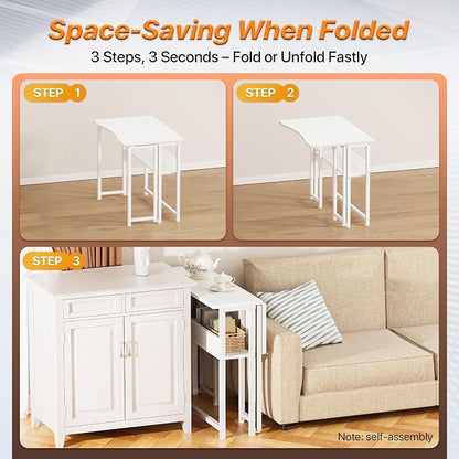 Huuger Folding Desk with Storage Shelf, 31.5 Inch Foldable Computer Table for Small Spaces, Space Saving Sofa Table for Couch, Writing Work Office Computer Desk, Easy to Fold, White