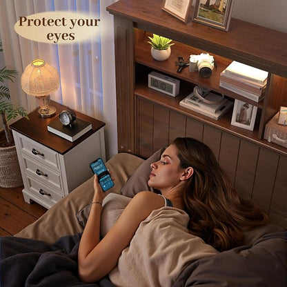 EnHomee Full Size Bed Frame with Storage Headboard and 4 Drawers,Charging Port & LED,No Box Spring Needed,Heavy-Duty Structure,Noise,-Free,Vintage Brown