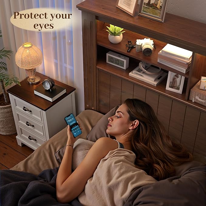 EnHomee Queen Bed Frame with 4 Storage Drawers and Headboard,LED Lights & Charging Ports,Wooden,No Box Spring Needed for Apartment,Heavy-Duty Structure,Noise-Free,Brown