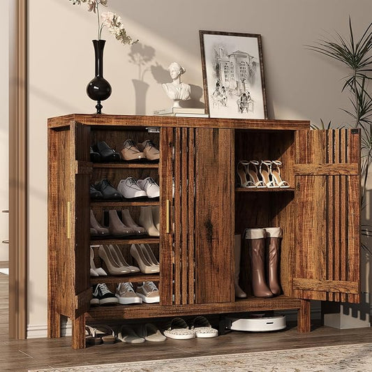 UNIQUITE Wooden Shoes Cabinet with 3 Doors and Adjustable Shelves, Retro Freestanding Shoe Organizer Cabinet for Entryway Hallway Living Room, 5-Tier Shoe Cabinet for 30 Pairs, Dark Walnut