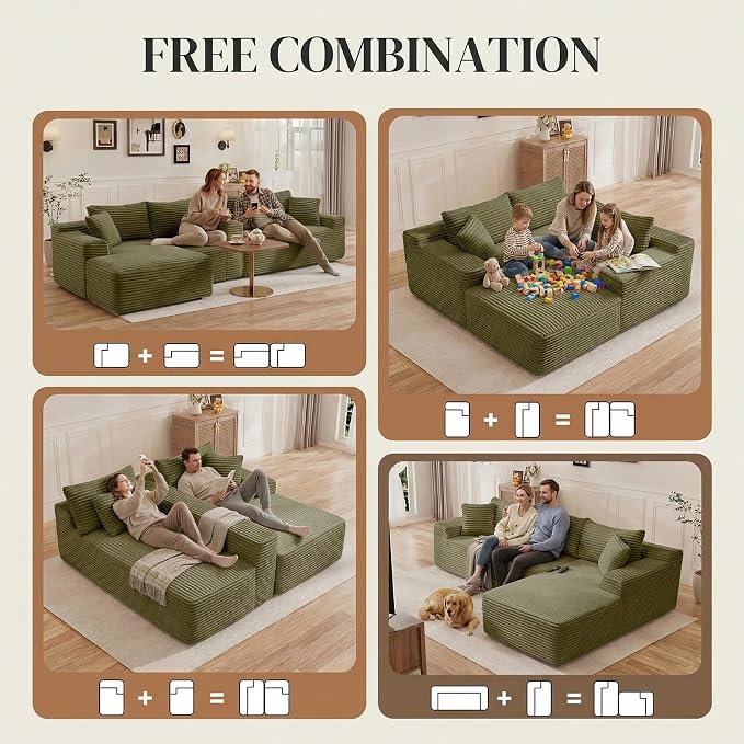 95" L Shaped Cloud Boneless Sectional Couches for Living Room, Modern Comfy Modular Deep Seat Memory Foam Compressed Corduroy Sofa Oversized Right Facing Chaise, No Assembly Required, Green